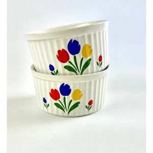 1985 Tulip Tyme Stoneware Ramekins Custard Souffle Dishes Set of 3